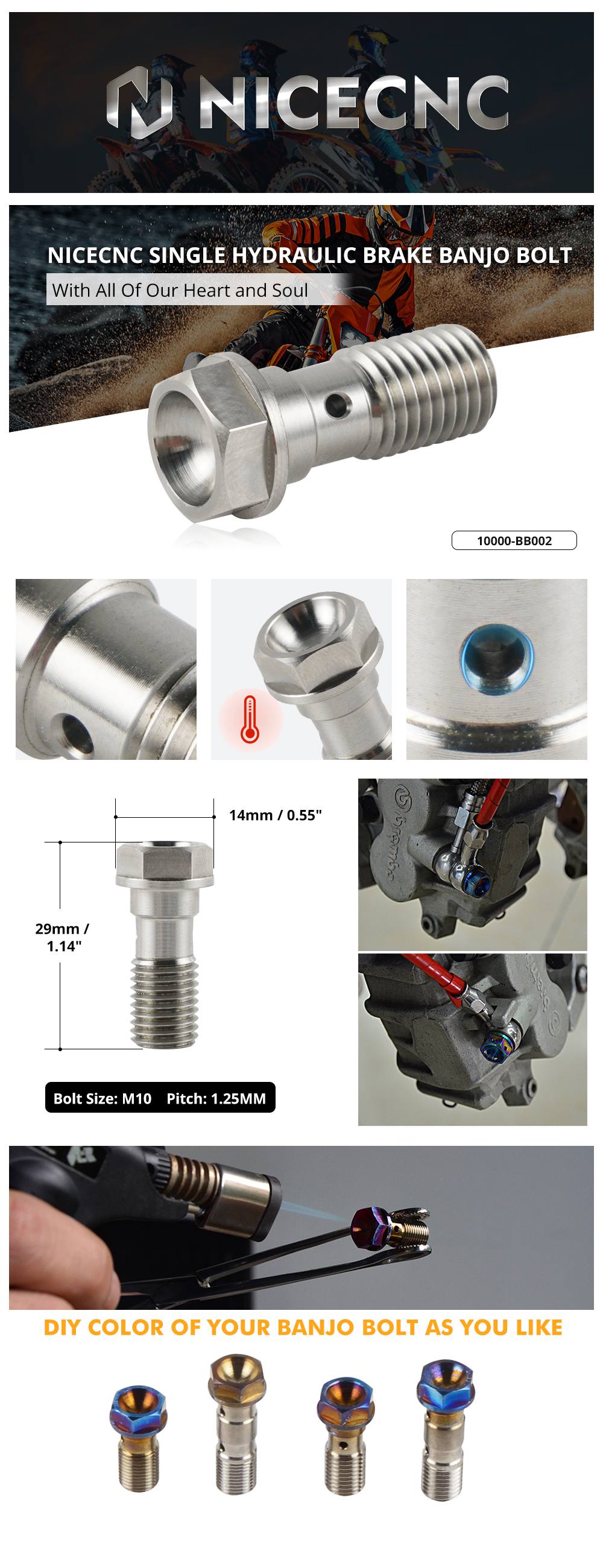 M10x1.25 Single Thread Brake Line Bolt For Nissin Honda Kawasaki